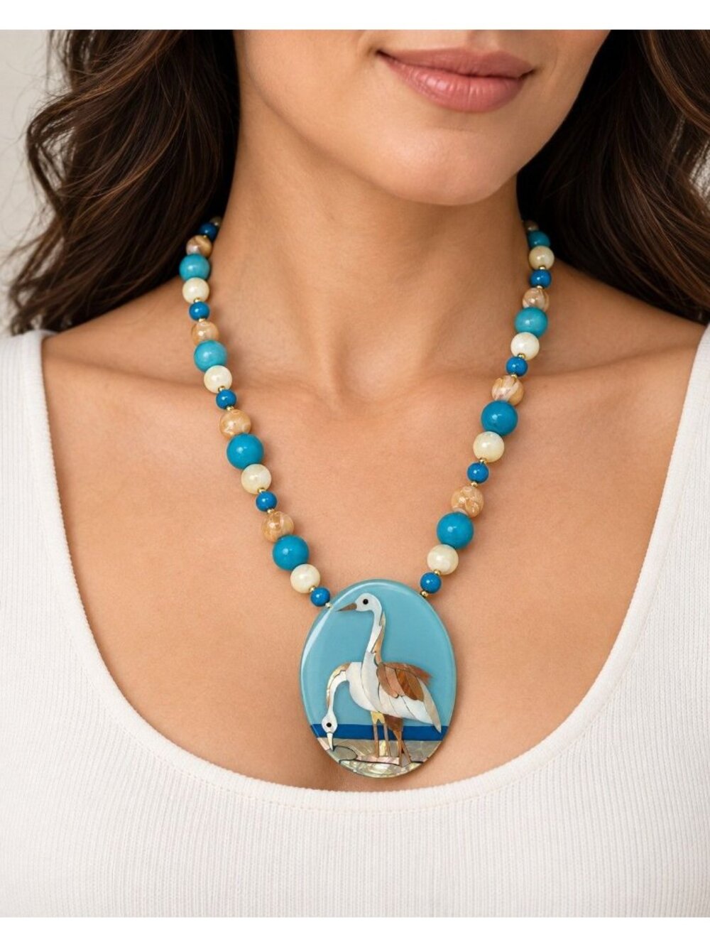 Vintage Lee Sands Crane Heron Shell Inlay Pendant Necklace Blue Beads 15"